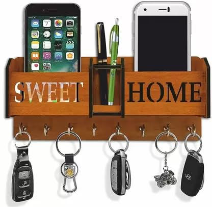 Wooden Sweet Home Key Holder with Mobile Stand and Mobile Charging