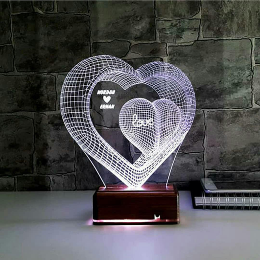 Two Hearts 3d Optical Illusion Lamp Led Night Light